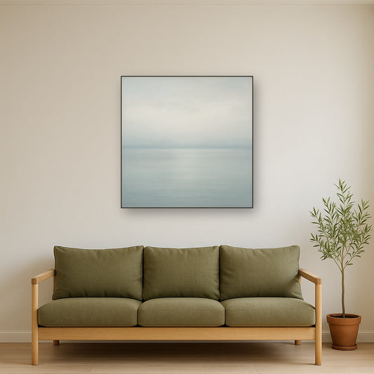 Glass Horizon over Quiet Arctic Waters No. 20 Oil Painting Staged Above Sectional Sofa in Living Room, Hand Painted Canvas Wall Art for Home Decor