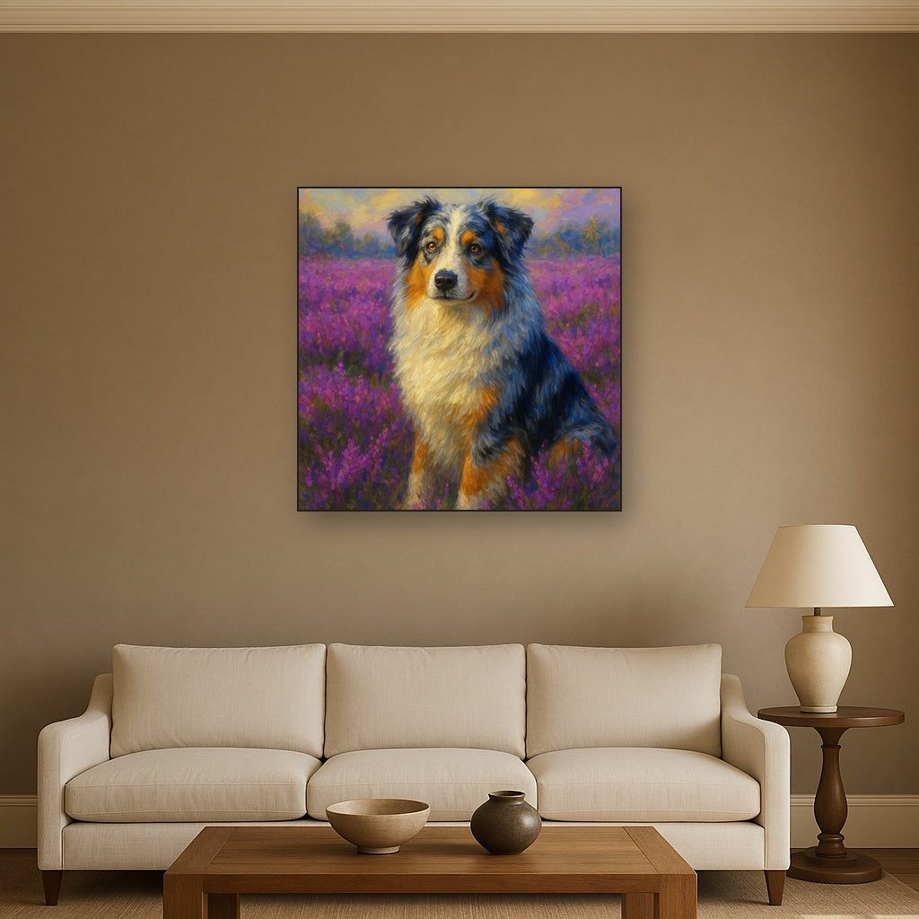 Australian Shepherd in Blooming Heather Field No. 7 Fine Art Oil Painting - View 2