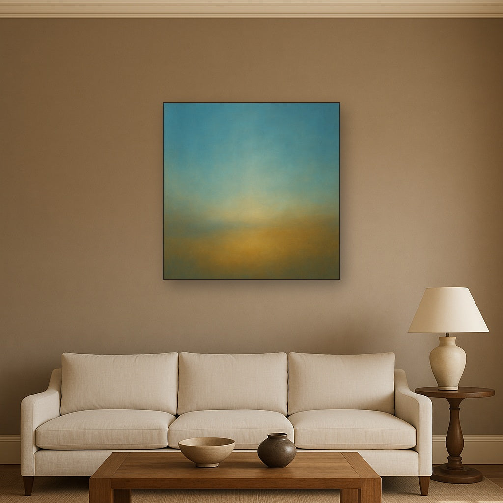 Celestial Azure & Warm Ochre Equilibrium No. 20 Oil Painting Staged Above Sectional Sofa in Living Room, Hand Painted Canvas Wall Art for Home Decor