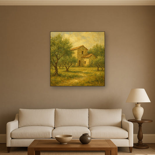 Vintage Olive Grove & Stone Farmhouse No. 2 Oil Painting - Styled in Modern Living Room