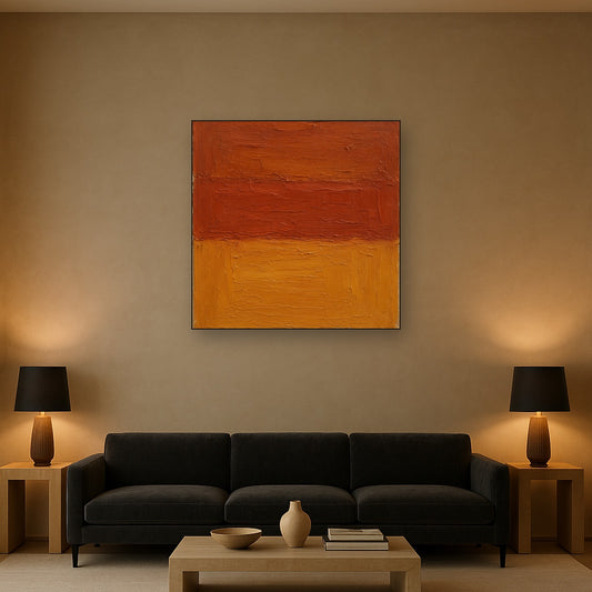Sienna & Terracotta Strata Modern Abstract Oil Painting - Styled in Modern Living Room