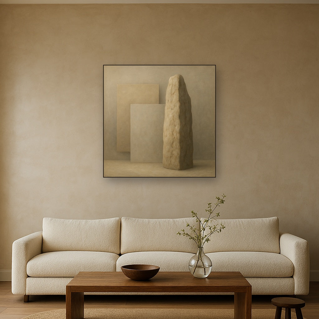 Driftwood Grey & Weathered Stone Monolith No. 18 Oil Painting Staged Above Sectional Sofa in Living Room, Hand Painted Canvas Wall Art for Home Decor