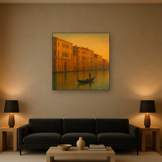 Venetian Canal Palaces at Golden Hour No. 22 Oil Painting Staged Above Sectional Sofa in Living Room, Hand Painted Canvas Wall Art for Home Decor