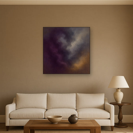 Gilded Plum & Soft Smoke Cloud Harmony No. 4 Oil Painting Staged Above Sectional Sofa in Living Room, Hand Painted Canvas Wall Art for Home Decor