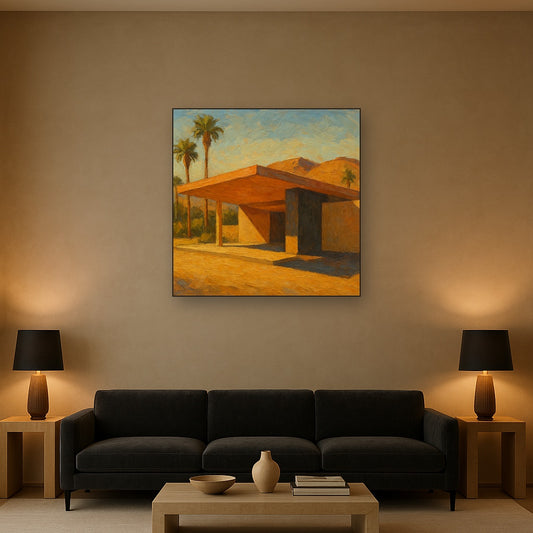Palm Springs Modernist Pavilion Shadow Oil Painting - Styled in Modern Living Room