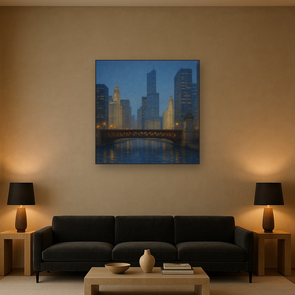 Chicago Riverfront Architecture at Blue Hour No. 17 Oil Painting - View 2