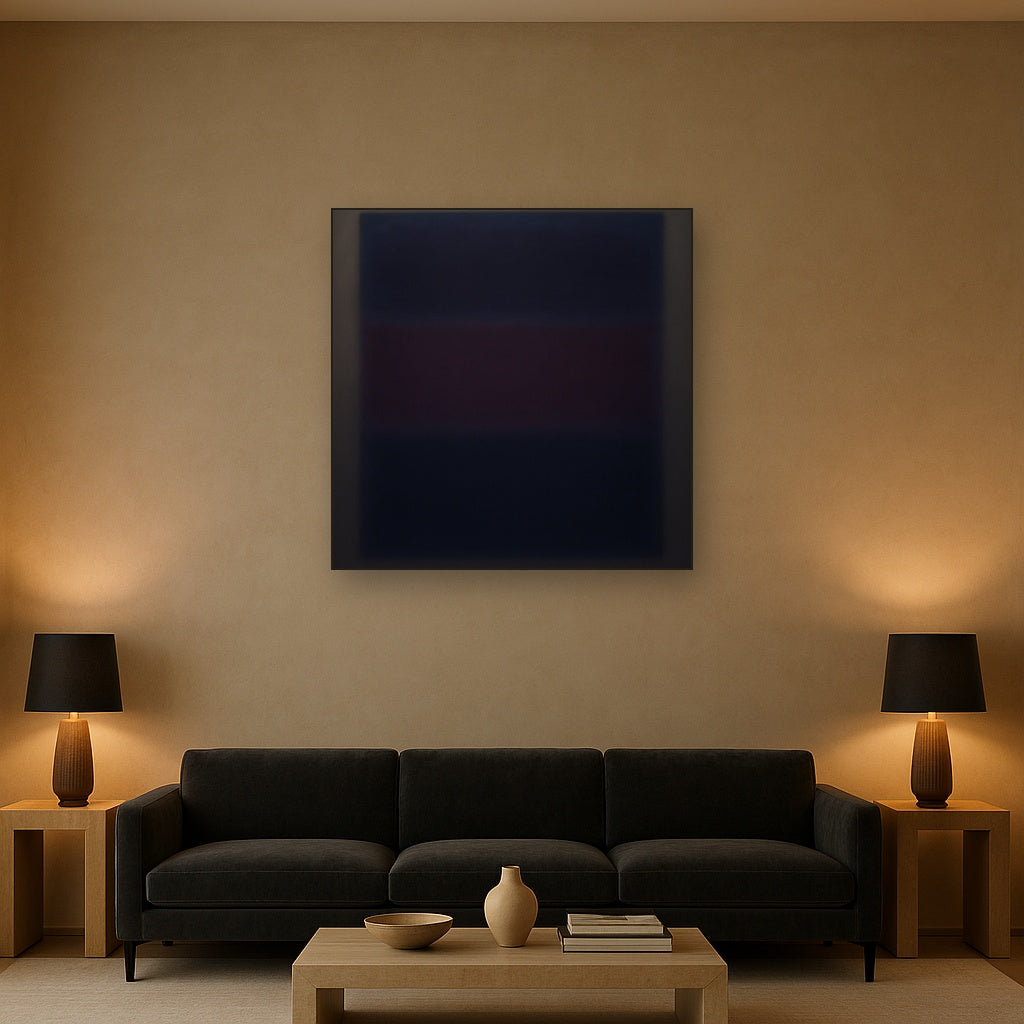 Deep Indigo & Midnight Plum Ambient Field No. 11 Oil Painting Staged Above Sectional Sofa in Living Room, Hand Painted Canvas Wall Art for Home Decor