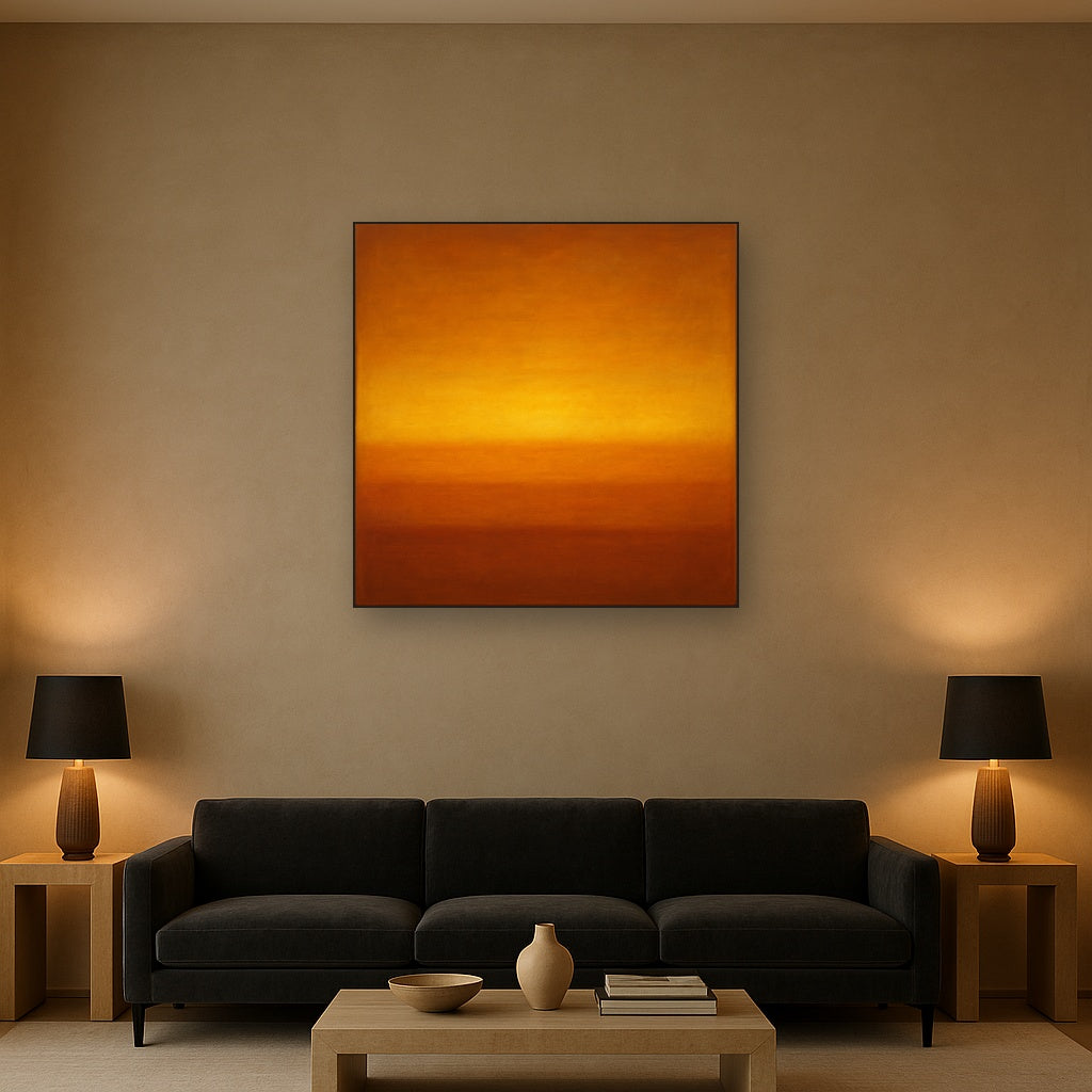 Warm Amber & Raw Sienna Sunset Meditation No. 3 Oil Painting Staged Above Sectional Sofa in Living Room, Hand Painted Canvas Wall Art for Home Decor