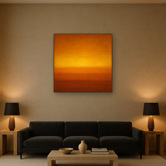 Warm Amber & Raw Sienna Sunset Meditation No. 3 Oil Painting Staged Above Sectional Sofa in Living Room, Hand Painted Canvas Wall Art for Home Decor