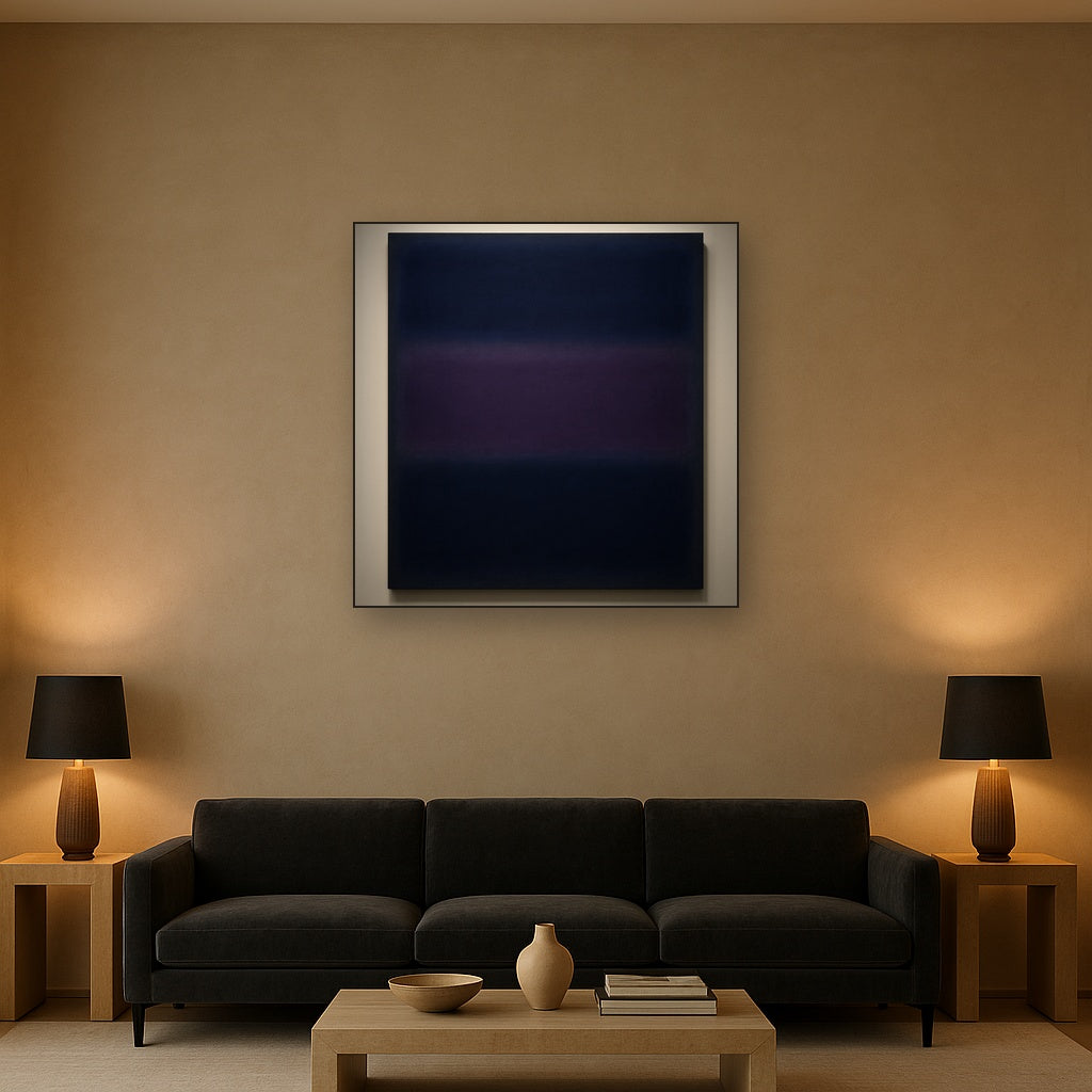 Deep Indigo & Midnight Plum Ambient Field No. 7 Oil Painting Staged Above Sectional Sofa in Living Room, Hand Painted Canvas Wall Art for Home Decor