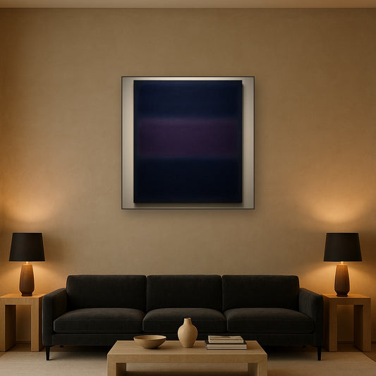 Deep Indigo & Midnight Plum Ambient Field No. 7 Oil Painting Staged Above Sectional Sofa in Living Room, Hand Painted Canvas Wall Art for Home Decor