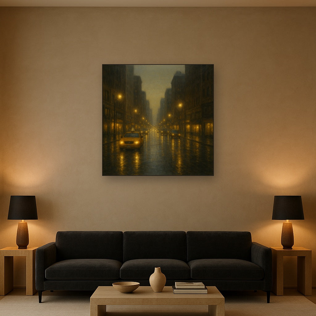 Rain-Drenched Manhattan Avenue Lights Oil Painting - View 2