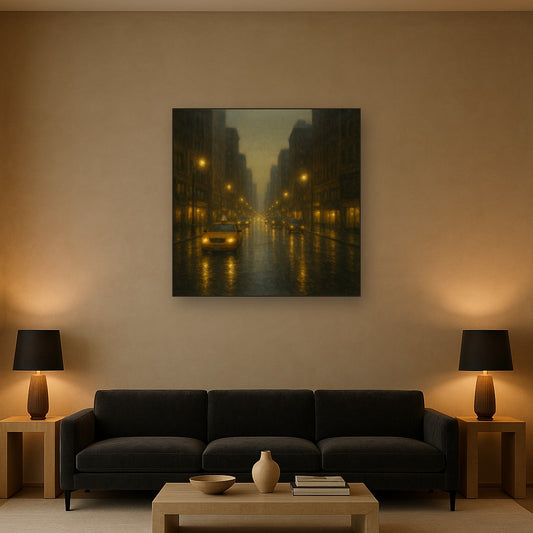 Rain-Drenched Manhattan Avenue Lights Oil Painting Staged Above Sectional Sofa in Living Room, Hand Painted Canvas Wall Art for Home Decor