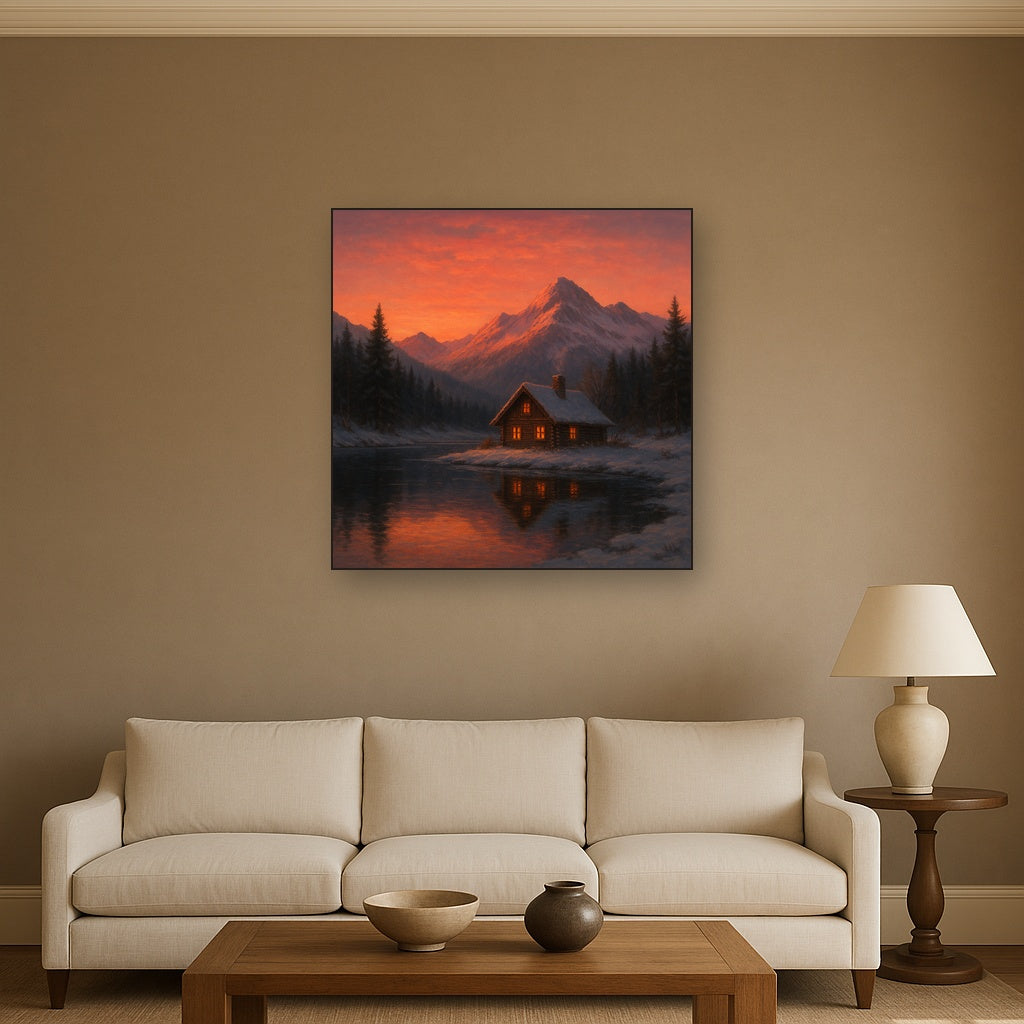 Winter Solstice Mountain Cabin Reflection No. 7 Oil Painting - View 2