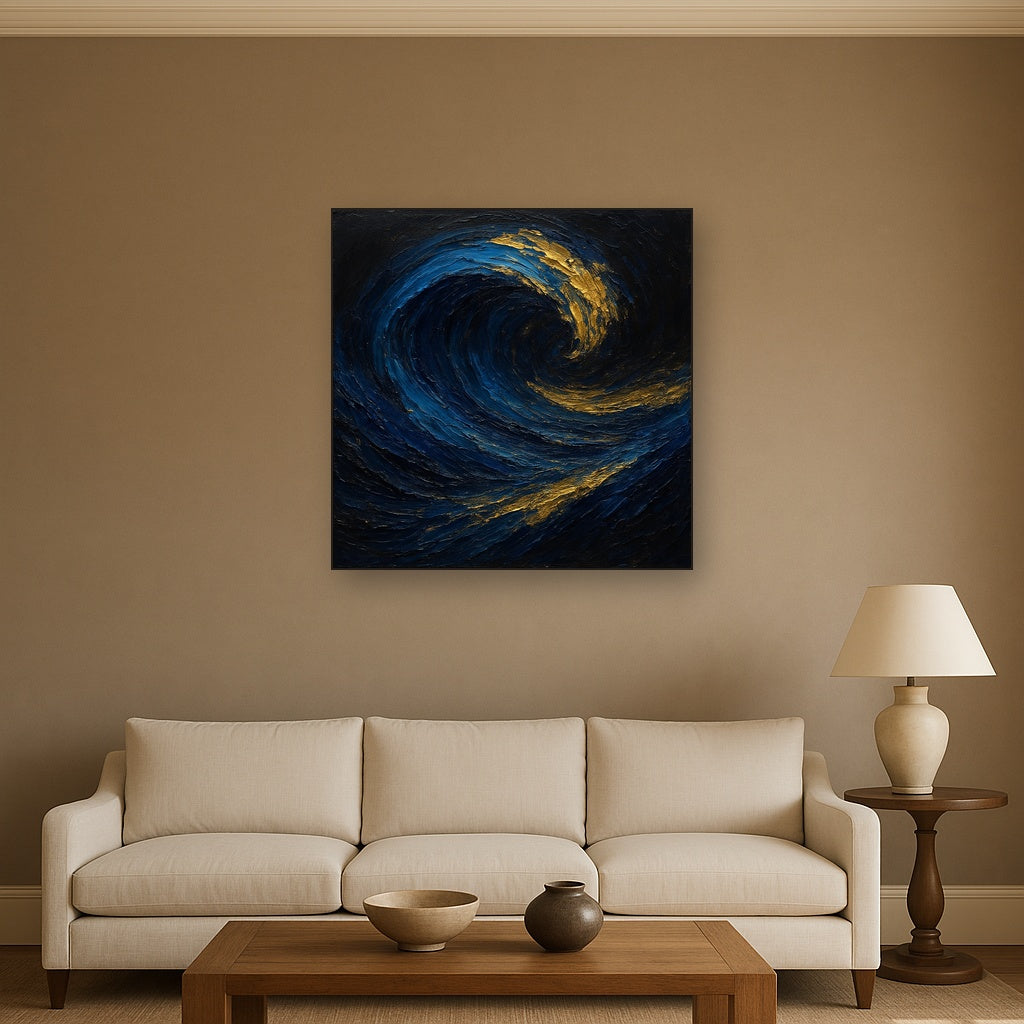 Imperial Sapphire & Midnight Wave No. 2 Oil Painting - Styled in Modern Living Room