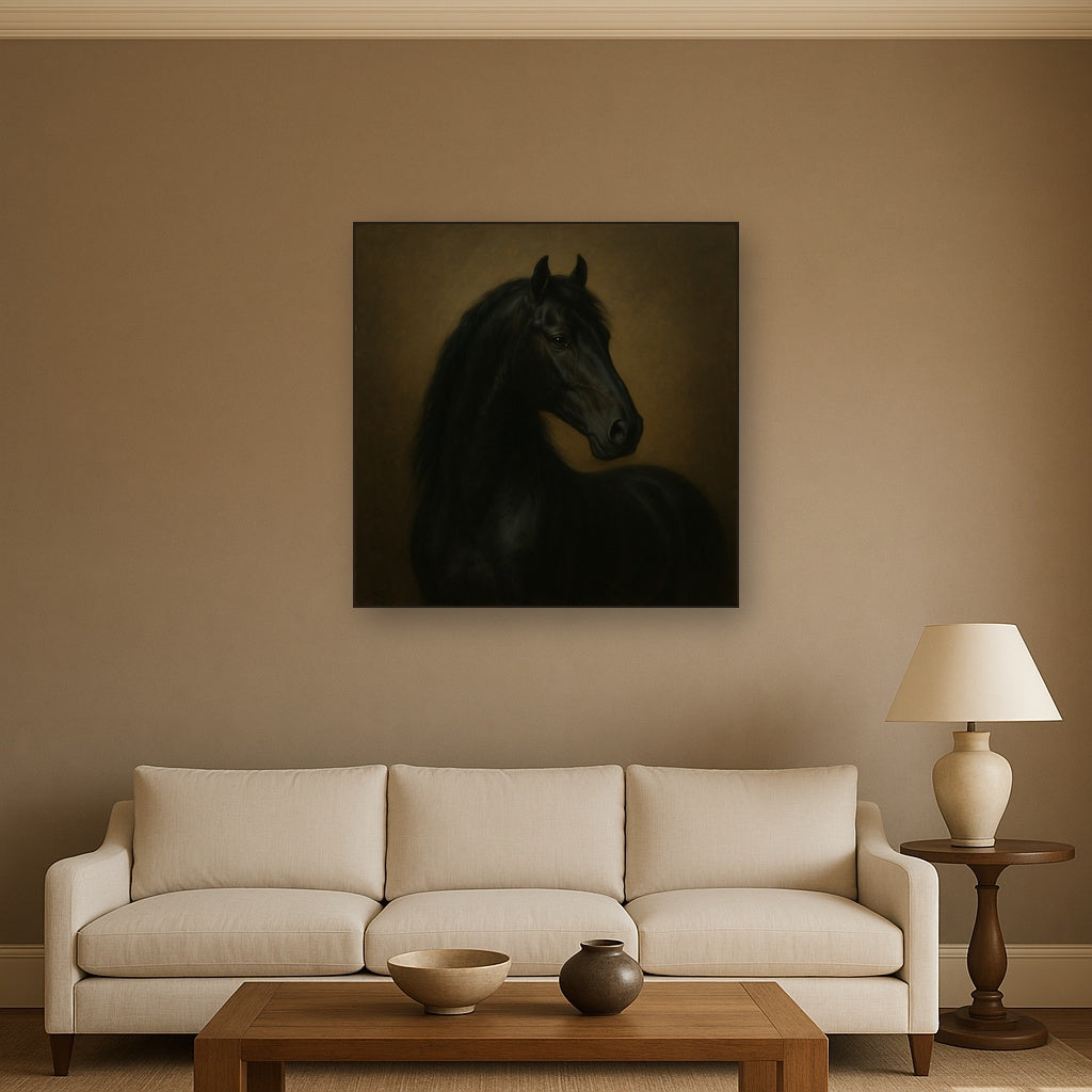 Dark Stallion Portrait in Classical Sfumato No. 10 Oil Painting Staged Above Sectional Sofa in Living Room, Hand Painted Canvas Wall Art for Home Decor