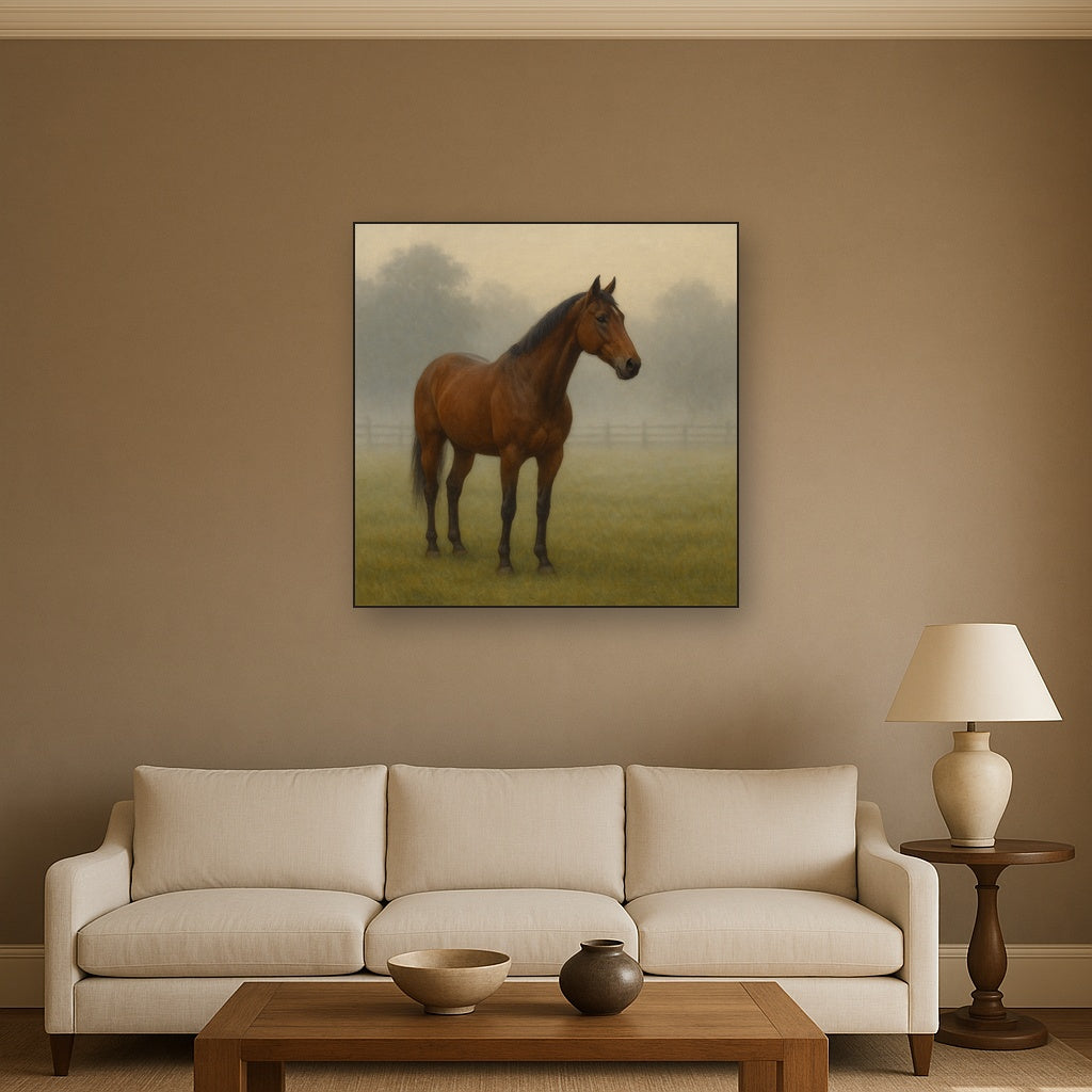 Thoroughbred in Morning Pasture Mist No. 19 Oil Painting Staged Above Sectional Sofa in Living Room, Hand Painted Canvas Wall Art for Home Decor