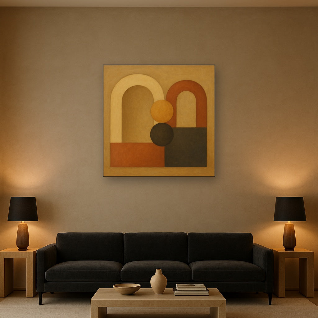 Arch & Circle Equilibrium in Warm Earth Tones No. 12 Oil Painting Staged Above Sectional Sofa in Living Room, Hand Painted Canvas Wall Art for Home Decor