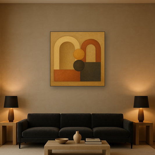 Arch & Circle Equilibrium in Warm Earth Tones No. 12 Oil Painting Staged Above Sectional Sofa in Living Room, Hand Painted Canvas Wall Art for Home Decor