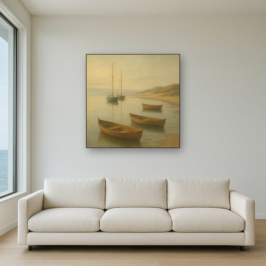 Quiet Fishing Harbor at Morning Low Tide No. 13 Oil Painting Staged Above Sectional Sofa in Living Room, Hand Painted Canvas Wall Art for Home Decor