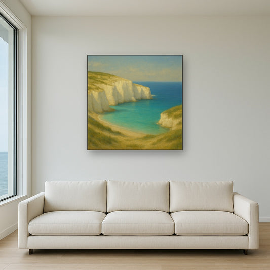 Mediterranean White Cliffs & Turquoise Cove No. 18 Oil Painting Staged Above Sectional Sofa in Living Room, Hand Painted Canvas Wall Art for Home Decor