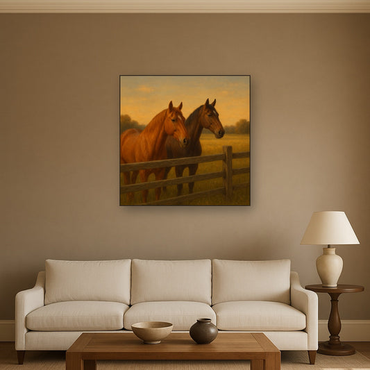 Two Horses at Rustic Post & Rail Fence No. 19 Oil Painting - View 2