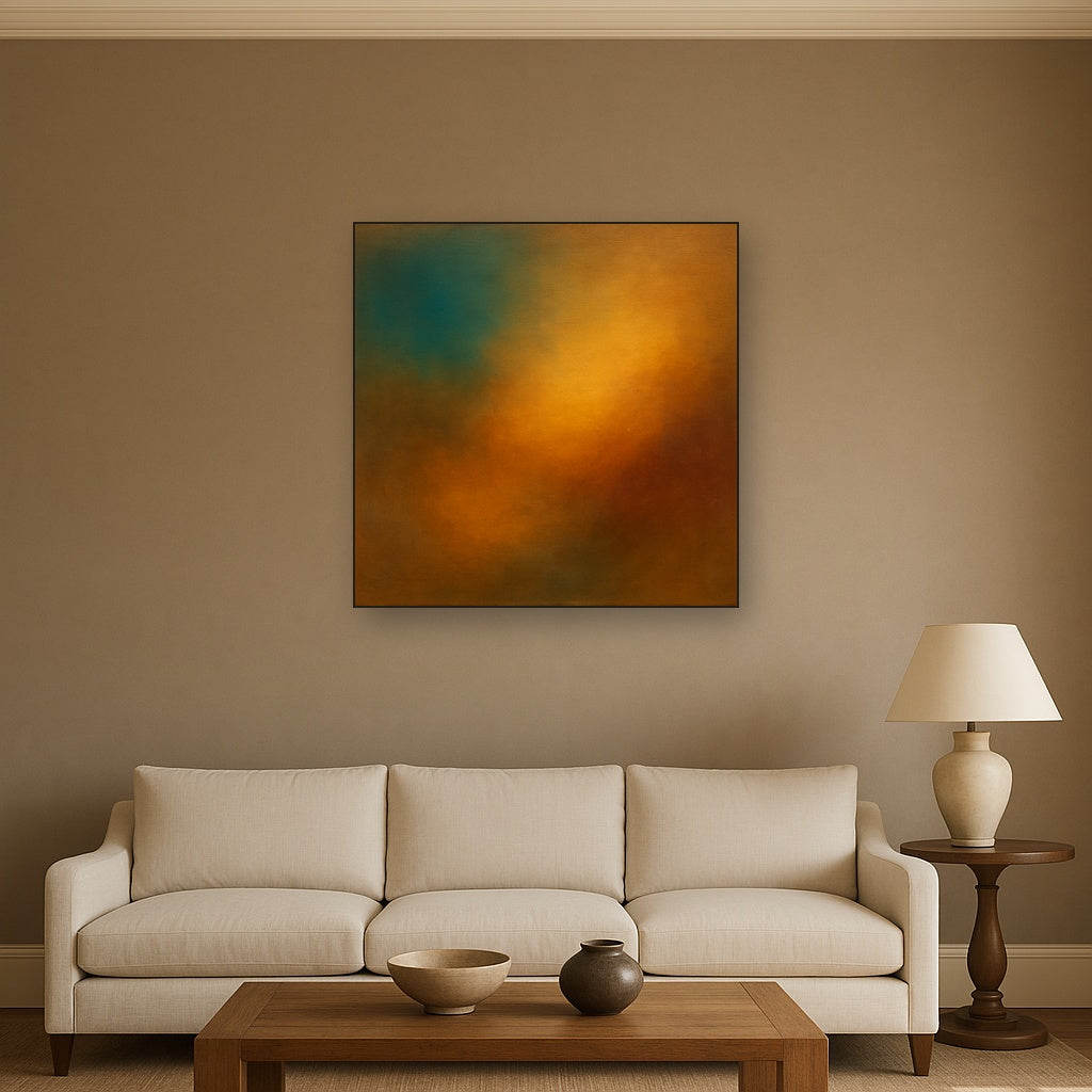 Deep Topaz & Spiced Terracotta Glow No. 2 Oil Painting Staged Above Sectional Sofa in Living Room, Hand Painted Canvas Wall Art for Home Decor