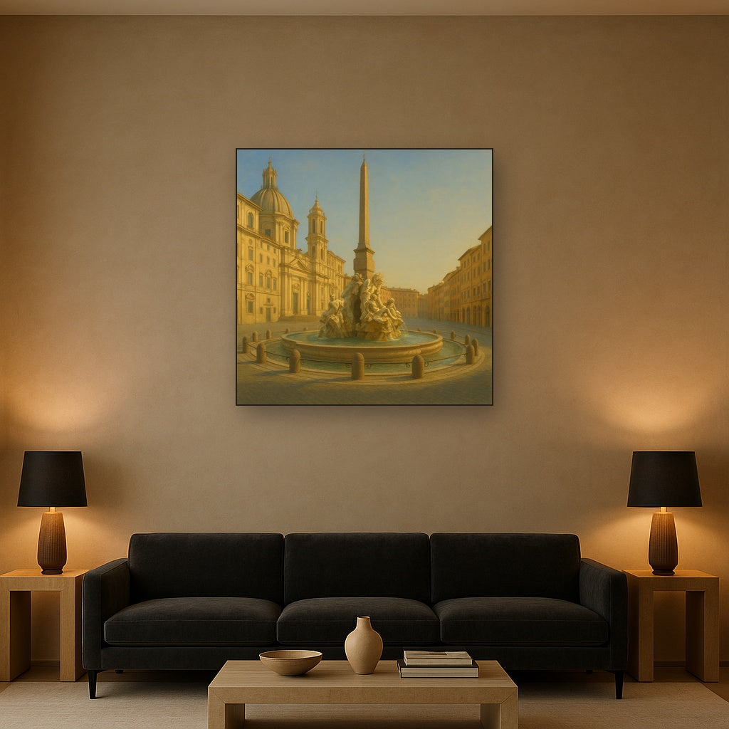 Rome Piazza Fountain in Morning Sunlight No. 16 Oil Painting - View 2