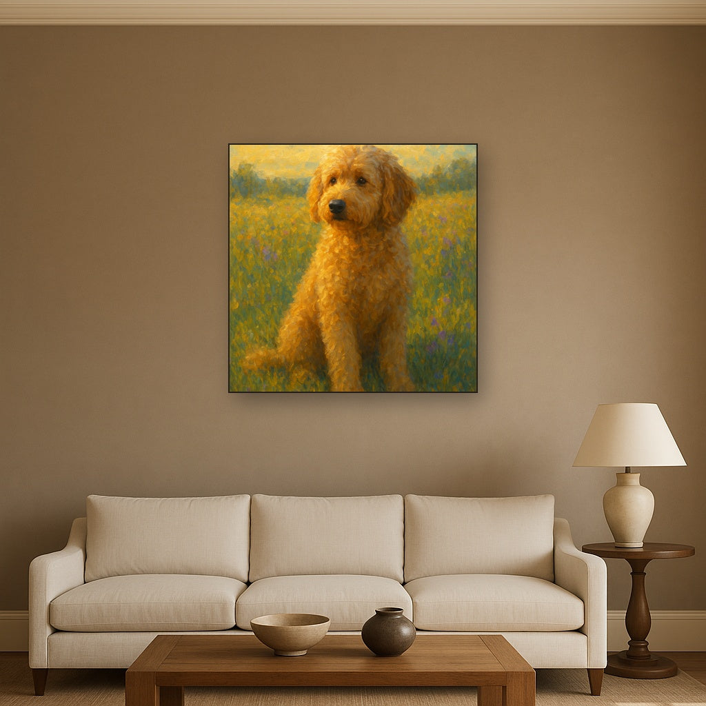 Fluffy Goldendoodle in Sun-Drenched Meadow No. 10 Fine Art Oil Painting - View 2
