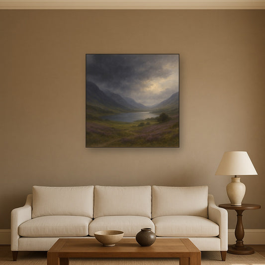 Highland Valley Storm Clearing No. 10 Oil Painting Staged Above Sectional Sofa in Living Room, Hand Painted Canvas Wall Art for Home Decor