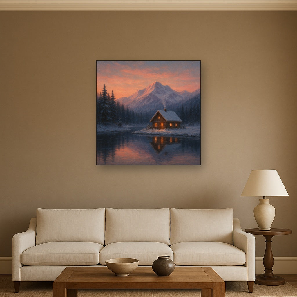 Winter Solstice Mountain Cabin Reflection No. 9 Oil Painting - View 2