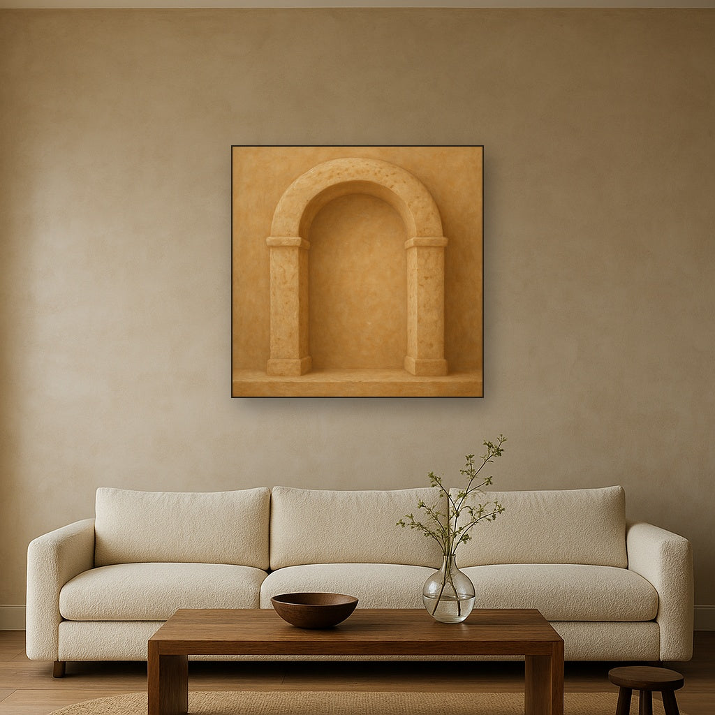 Travertine Stone Arch & Earth Tones No. 6 Oil Painting Staged Above Sectional Sofa in Living Room, Hand Painted Canvas Wall Art for Home Decor