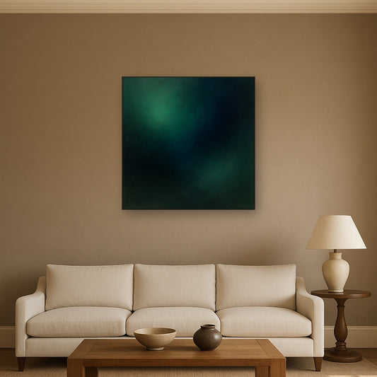 Emerald & Midnight Sapphire Sfumato Immersion No. 7 Oil Painting Staged Above Sectional Sofa in Living Room, Hand Painted Canvas Wall Art for Home Decor