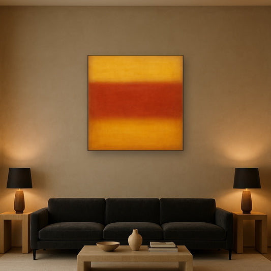 Luminous Ochre & Terracotta Horizon Color Field No. 11 Oil Painting Staged Above Sectional Sofa in Living Room, Hand Painted Canvas Wall Art for Home Decor