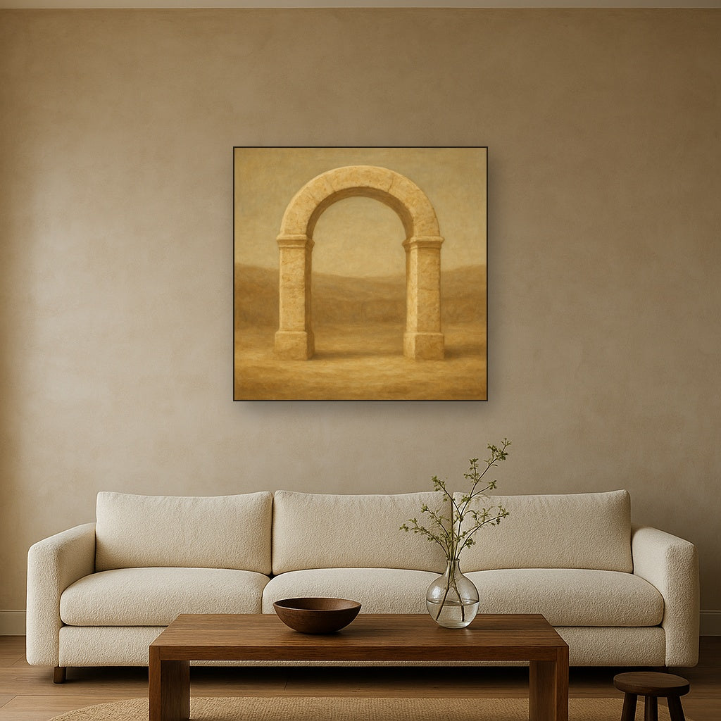 Travertine Stone Arch & Earth Tones No. 28 Oil Painting Staged Above Sectional Sofa in Living Room, Hand Painted Canvas Wall Art for Home Decor