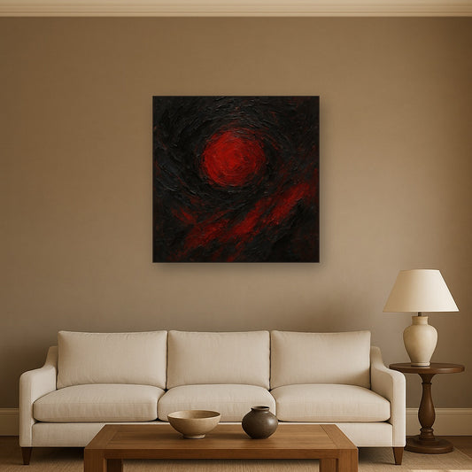 Midnight Onyx & Crimson Eclipse No. 2 Oil Painting - Styled in Modern Living Room