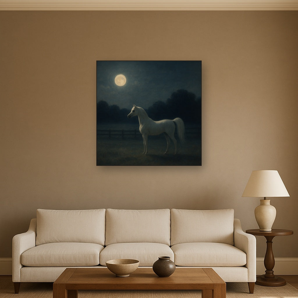 Moonlit Paddock with White Arabian Silhouette No. 19 Oil Painting - View 2