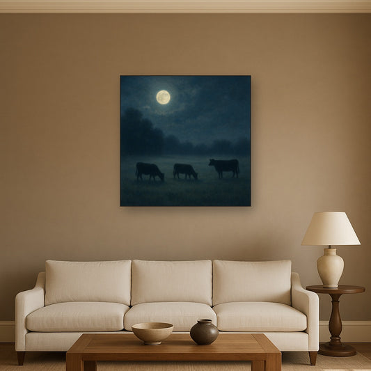 Moonlit Pastoral Meadow & Cattle Silhouettes Oil Painting - View 2