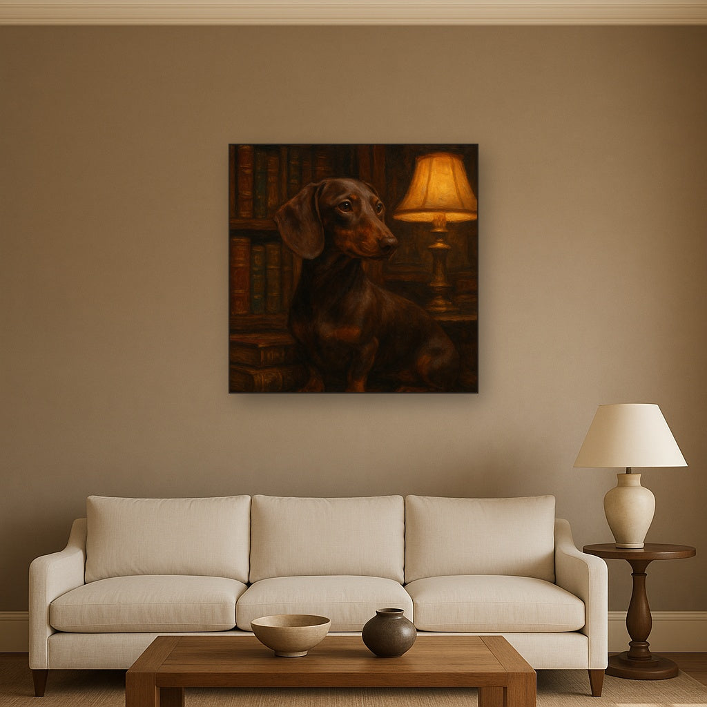 Smooth Dachshund in Moody Library Study No. 6 Fine Art Oil Painting - View 2