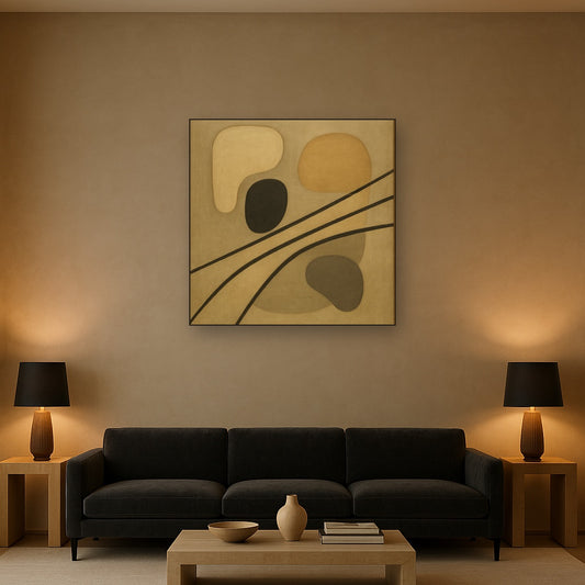 Organic Pebble Contours & Slanted Lines No. 17 Oil Painting Staged Above Sectional Sofa in Living Room, Hand Painted Canvas Wall Art for Home Decor