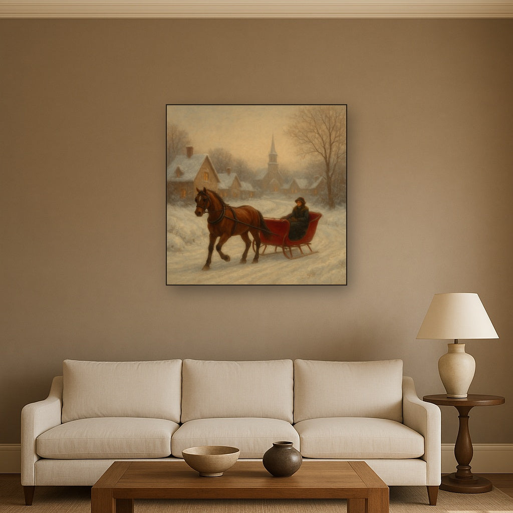 Horse-Drawn Sleigh on Village Snow Road No. 6 Oil Painting - View 2