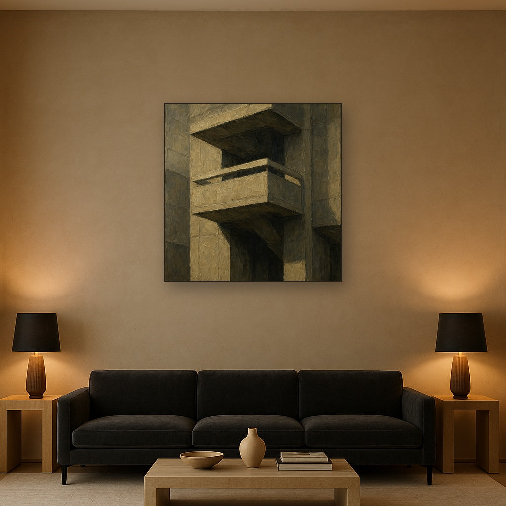 Brutalist Cantilevered Balcony Study No. 4 Oil Painting - Styled in Modern Living Room