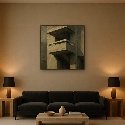 Brutalist Cantilevered Balcony Study No. 4 Oil Painting - Styled in Modern Living Room