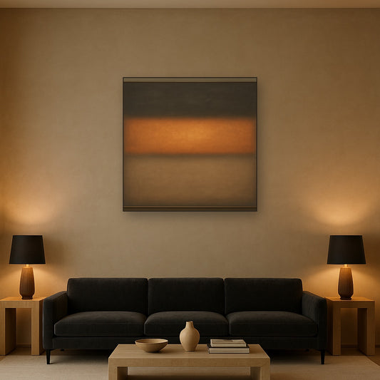 Charcoal Slate & Burnished Copper Horizon No. 8 Oil Painting Staged Above Sectional Sofa in Living Room, Hand Painted Canvas Wall Art for Home Decor