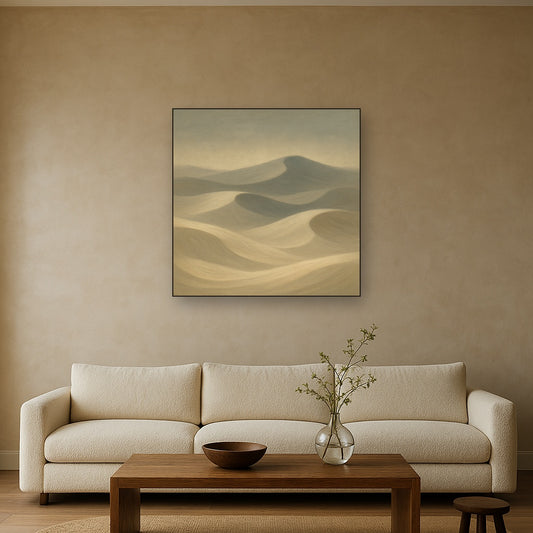 Monochrome Sand Dune Contours & Pale Slate No. 17 Oil Painting Staged Above Sectional Sofa in Living Room, Hand Painted Canvas Wall Art for Home Decor