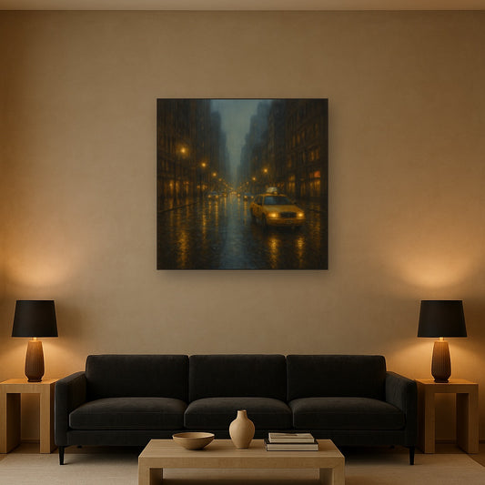 Rain-Drenched Manhattan Avenue Lights No. 19 Oil Painting Staged Above Sectional Sofa in Living Room, Hand Painted Canvas Wall Art for Home Decor
