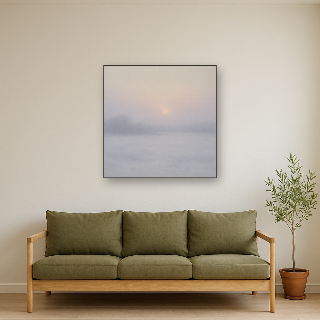 Winter Dawn Frost & Pale Silver Light No. 5 Oil Painting Staged Above Sectional Sofa in Living Room, Hand Painted Canvas Wall Art for Home Decor