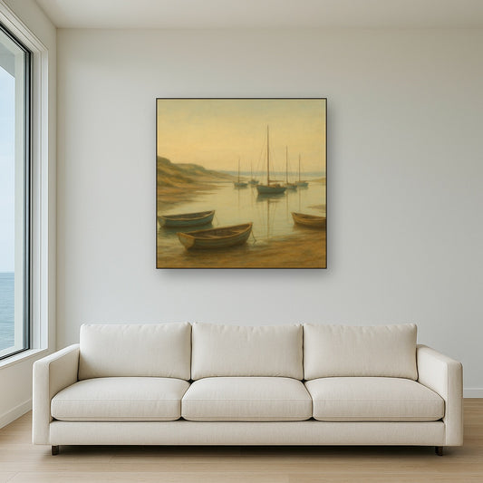 Quiet Fishing Harbor at Morning Low Tide No. 14 Oil Painting Staged Above Sectional Sofa in Living Room, Hand Painted Canvas Wall Art for Home Decor