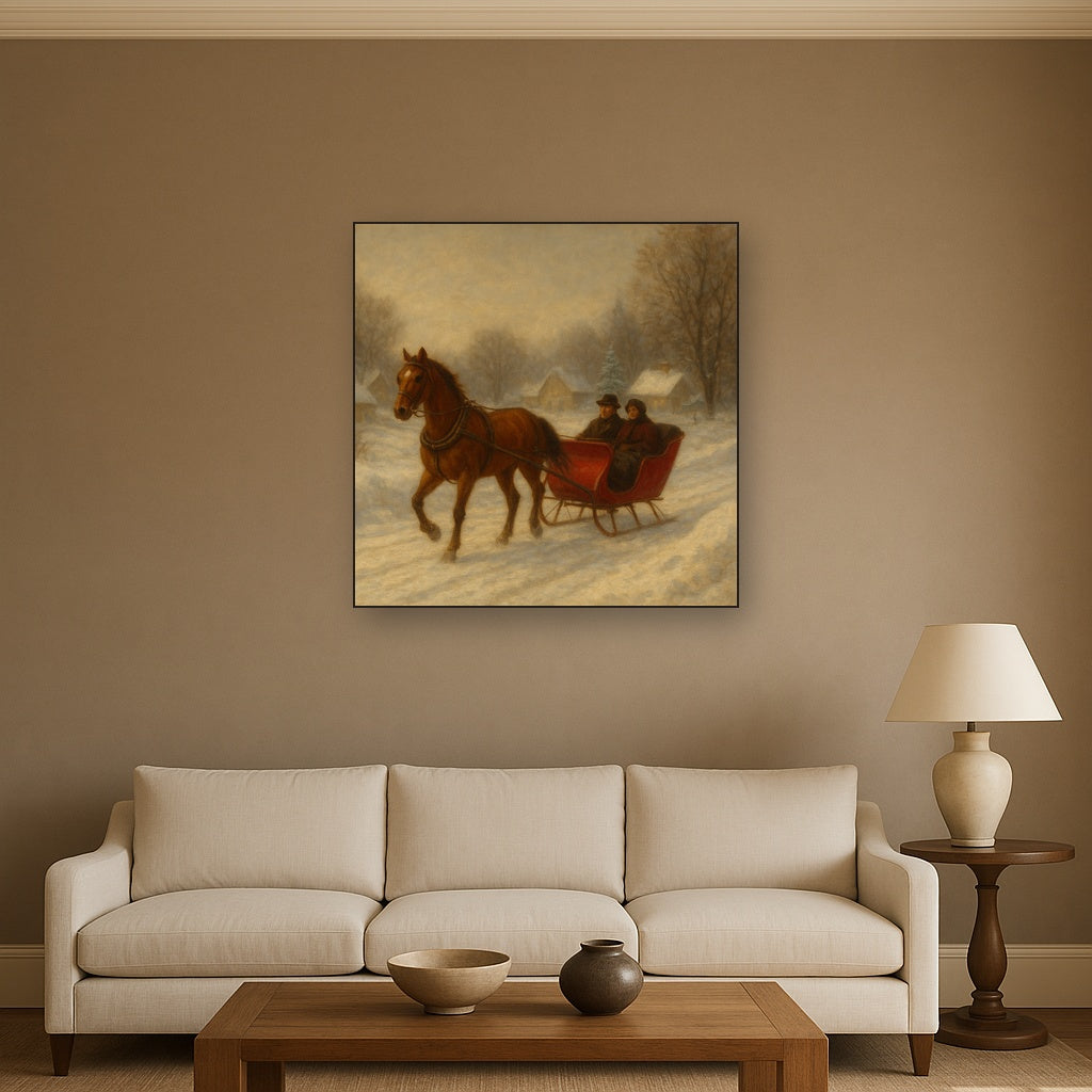 Horse-Drawn Sleigh on Village Snow Road No. 3 Oil Painting - View 2