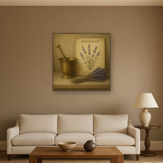 Lavender Herbarium & Mortar Study Oil Painting Staged Above Sectional Sofa in Living Room, Hand Painted Canvas Wall Art for Home Decor